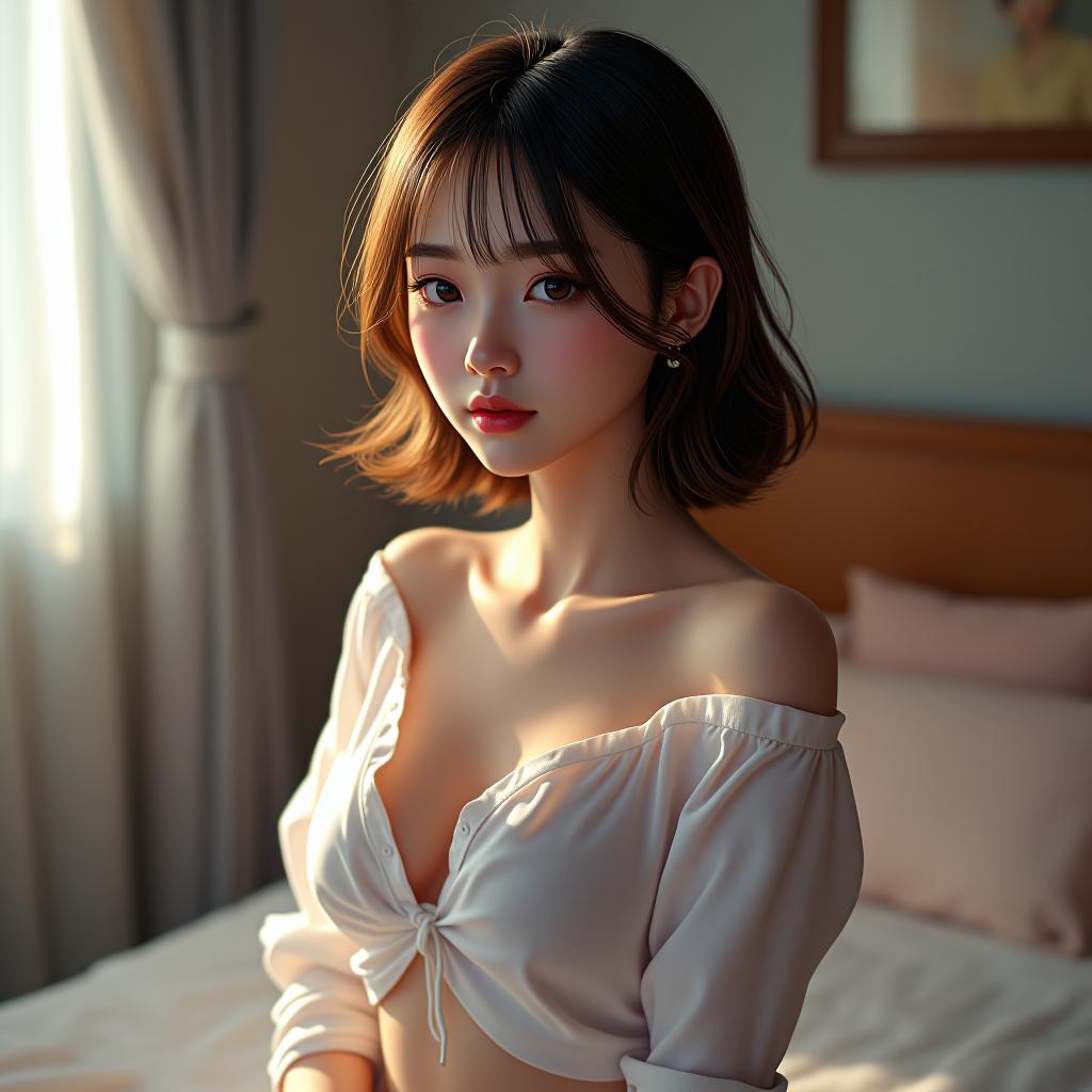  never artificial, uncensored, supreme quality, unsurpably natural, breathtakingly beautiful, stunningly pretty, irresistible korean , s , , unoned shirt, in her room, 32k anime digital artwork. hyperrealistic, full body, detailed clothing, highly detailed, cinematic lighting, stunningly beautiful, intricate, sharp focus, f/1. 8, 85mm, (centered image composition), (professionally color graded), ((bright soft diffused light)), volumetric fog, trending on instagram, trending on tumblr, HDR 4K, 8K