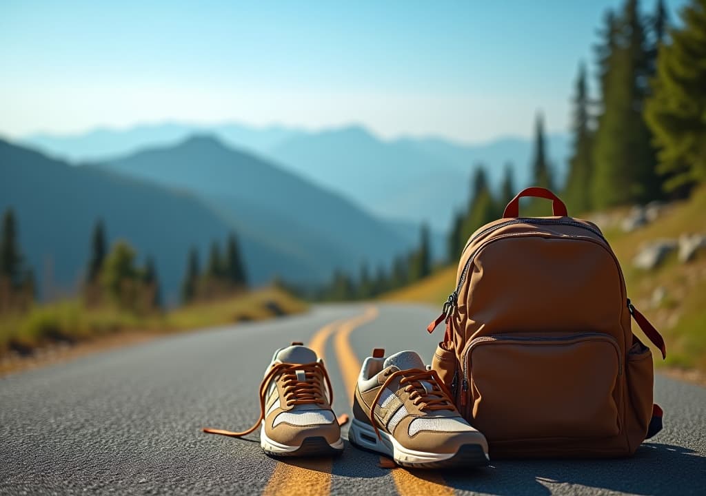  sneakers and backpack on the mountain road, summer trip concept