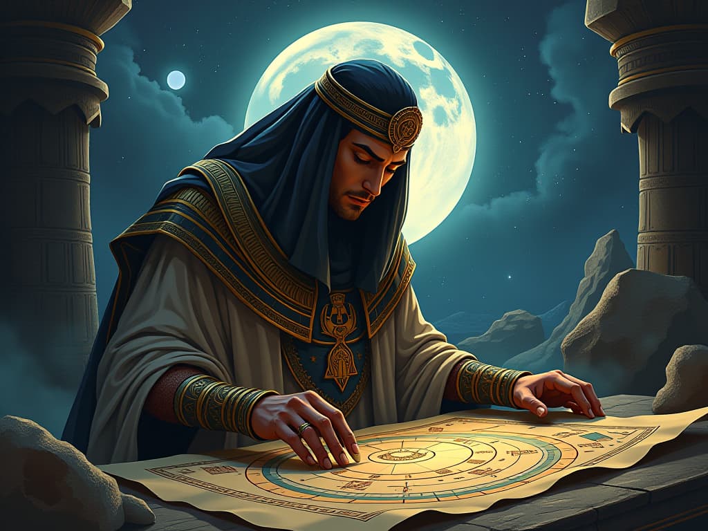  ancient astronomer in intricate robes, plotting constellations on parchment under the full moon, continuous progress, driving force evident. the style is digital art illustration / modern comic book / mysterious occult, symbolic, esoteric vibe,high detail on character design, incorporating ancient egyptian symbology and attire.