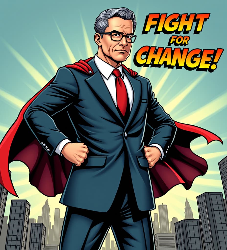  depict tim walz as a comic book hero, standing strong in a suit with his sleeves rolled up, reflecting his hands on leadership style. give him a determined expression, gray hair swept back, and glasses. he stands on a city skyline with a cape billowing behind him, symbolizing his proactive approach to governance. add action words like “fight for change!” in dynamic, bold letters, for tshirt design