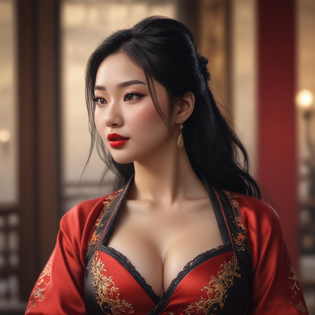 ((masterpiece)),(((best quality))), 8k, high detailed, ultra detailed, A beautiful Chinese woman with a curvy figure and attractive cleavage, fit, plus sized, (cute expression), (long black hair), (stylish outfit), (bright red lipstick) hyperrealistic, full body, detailed clothing, highly detailed, cinematic lighting, stunningly beautiful, intricate, sharp focus, f/1. 8, 85mm, (centered image composition), (professionally color graded), ((bright soft diffused light)), volumetric fog, trending on instagram, trending on tumblr, HDR 4K, 8K