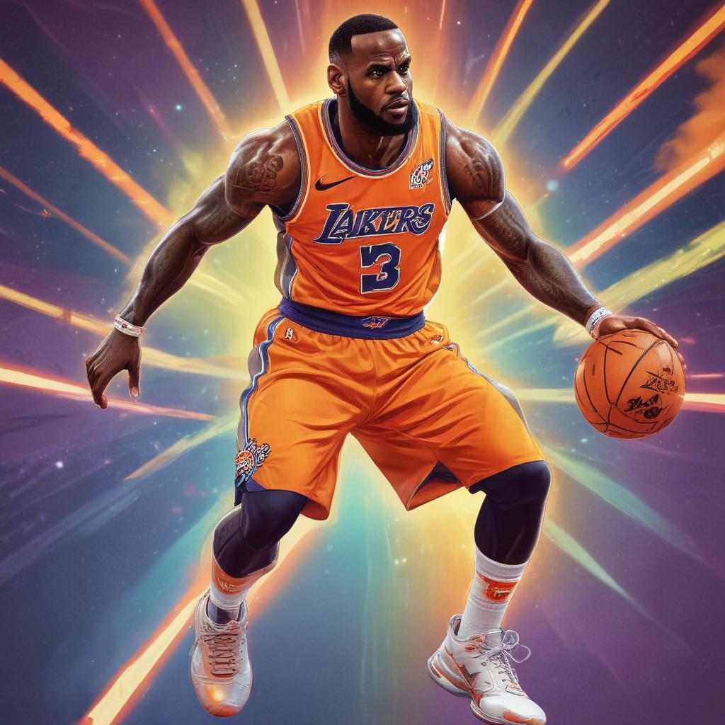 distance-shot, flashy, full-body, dynamic, holographic, animated cartoon poster of lebron james in the style of dragon ball super