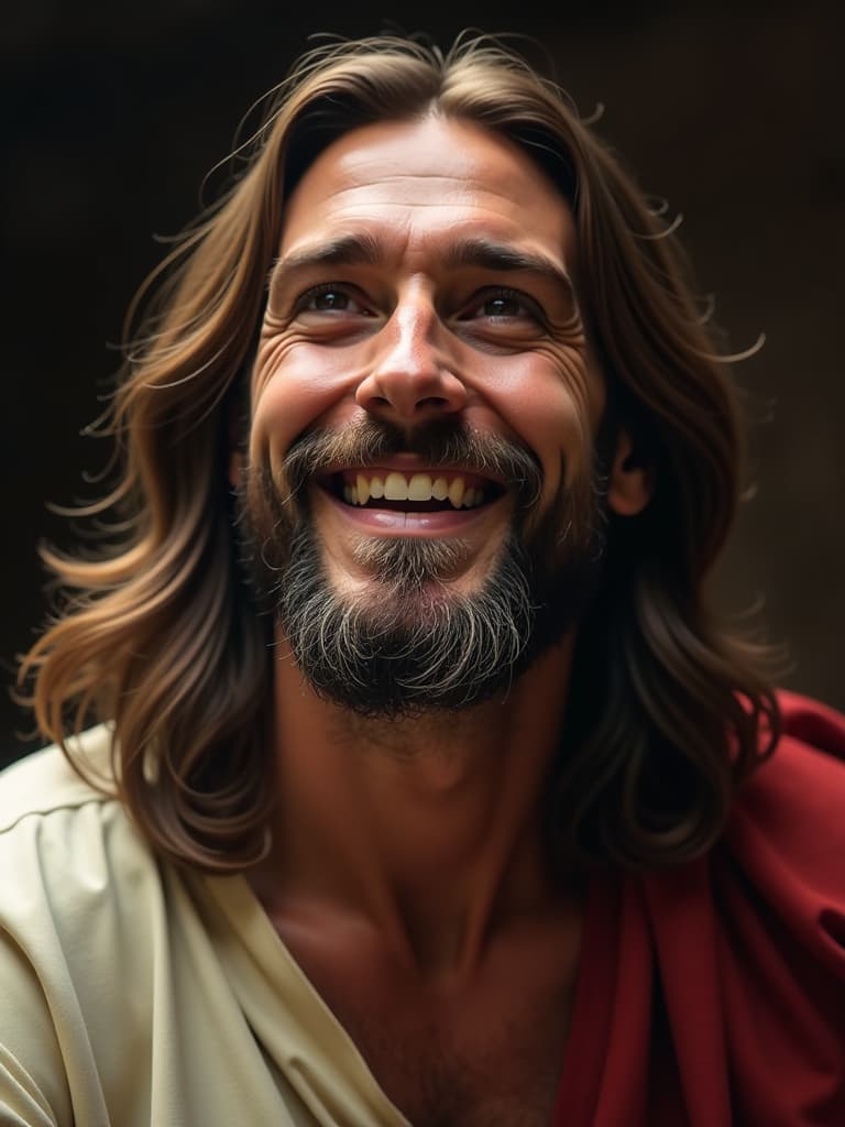  jesus face close up, happy, blessings hyperrealistic, full body, detailed clothing, highly detailed, cinematic lighting, stunningly beautiful, intricate, sharp focus, f/1. 8, 85mm, (centered image composition), (professionally color graded), ((bright soft diffused light)), volumetric fog, trending on instagram, trending on tumblr, HDR 4K, 8K