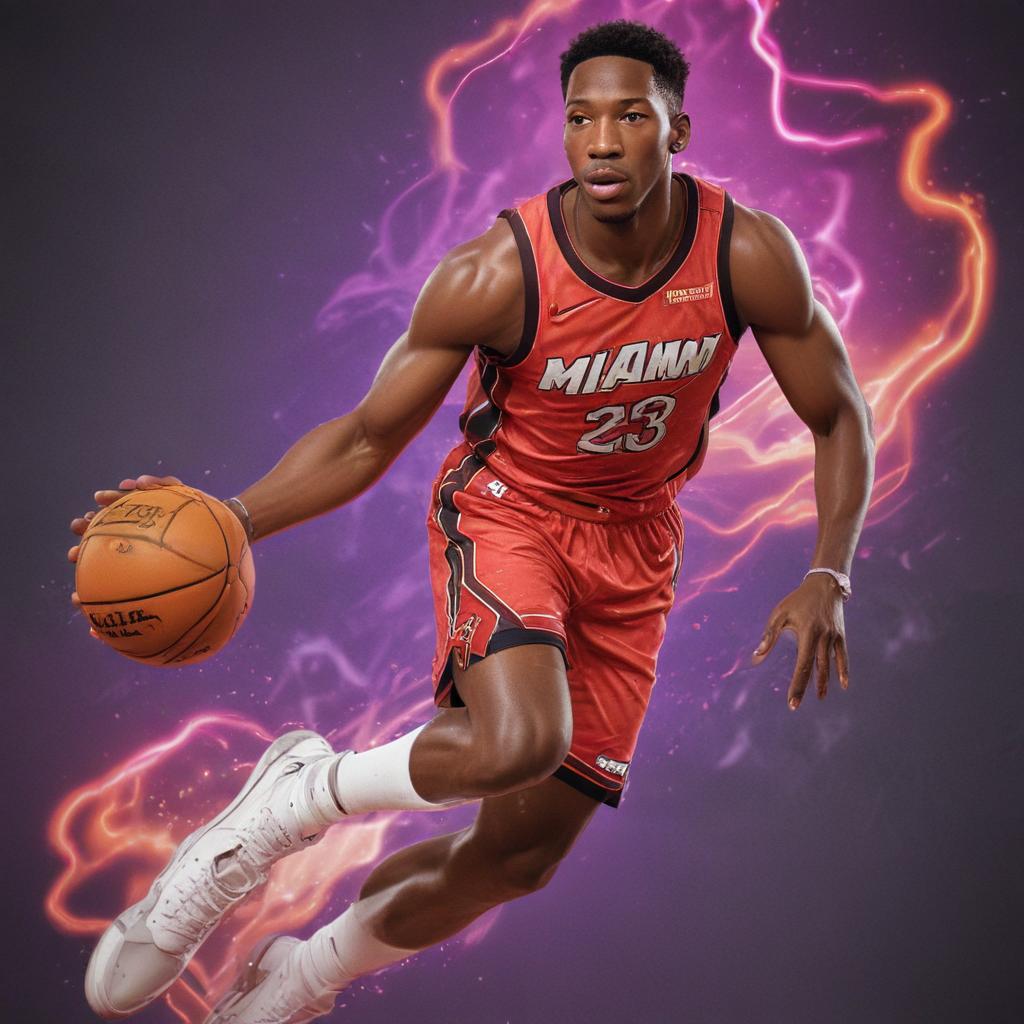 distance-shot, flashy, full-body, dynamic, holographic, animated cartoon poster of miami heat player bam adebayo in the style of dragon ball super