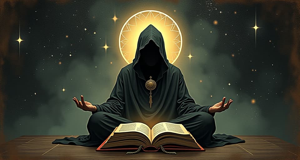  a hooded figure in meditation, surrounded by a glowing aura, sitting before an ancient book with pages turning, background of starry cosmos, knowledge flowing, otherworldly, mystical. an illustration in the style of a worn, mystical old tarot trump card, mysterious and elements of surrealism. the colors are muted, somber and eerie, but with contrast bring out an occult and esoteric vibe.