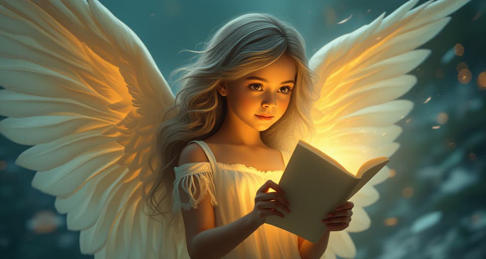  close up of an ethereal angel holding an illuminated scroll, her delicate wings glowing softly, representing the act of sharing one's story.. the style is digital art illustration,highly detailed, whimsical,magical, dreamlike atmosphere, realism and fantasy blend, smooth, glossy textures,luminous quality, wonder and enchantment.