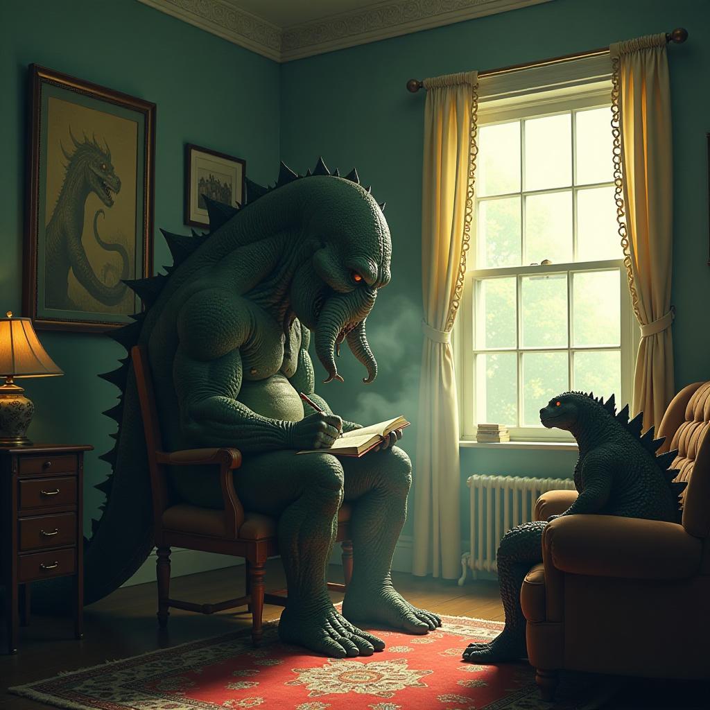  lovecraftian horror sunny day. small office. cthulhu sits in a chair and writes in a notebook. godzilla is on the couch. . eldritch, cosmic horror, unknown, mysterious, surreal, highly detailed