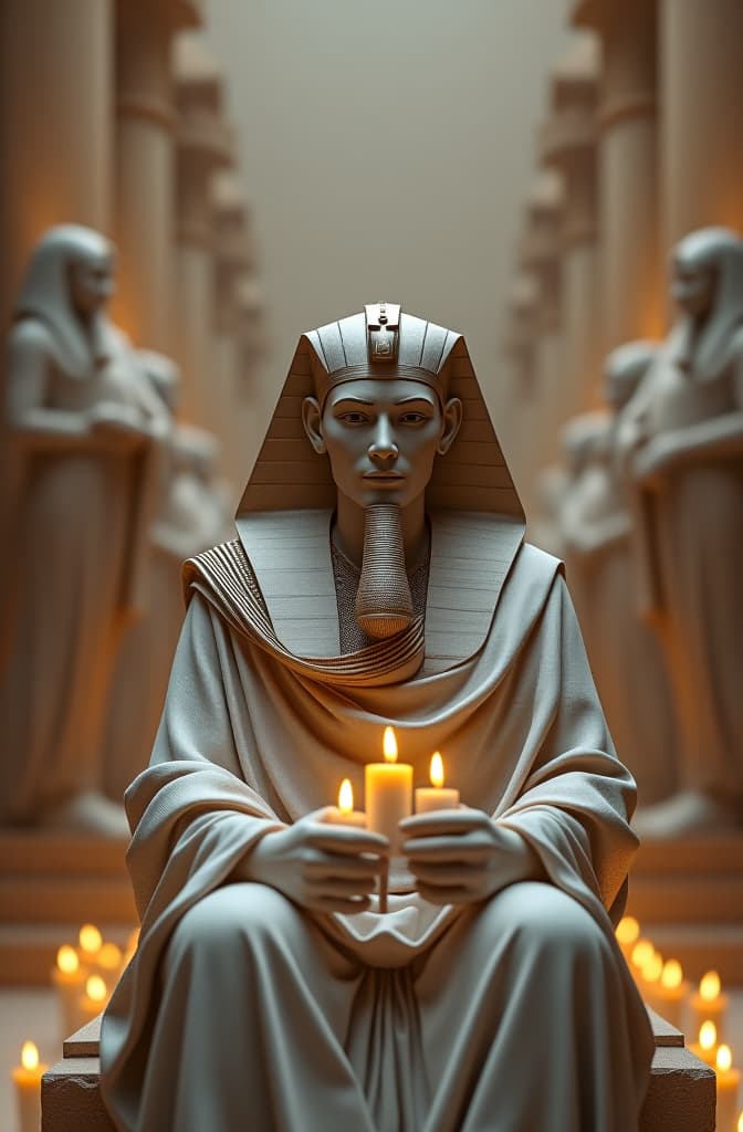  scene: an ancient temple in the heart of egypt, where statues of gods light candles around them. an image of a masked, dignified pharaonic priest appears, sitting in front of the people. , statue made of marble, futuristic cybernetic, transhumanism, full body shot, perfect symmetrical body, perfect symmetrical face, hyper realistic, hyper detailed, by johannen voss, by peter kemp, by monia merlo, by michelangelo, octane render, blender, 8 k hyperrealistic, full body, detailed clothing, highly detailed, cinematic lighting, stunningly beautiful, intricate, sharp focus, f/1. 8, 85mm, (centered image composition), (professionally color graded), ((bright soft diffused light)), volumetric fog, trending on instagram, trending on tumblr, HDR 4K, 8K