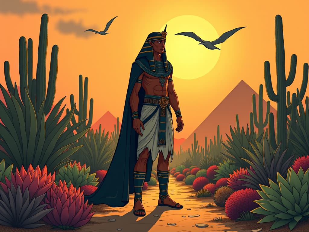  garden with a wide array of robust plants, resistant to blazing sun and dry desert wind, symbolizing a diverse and resilient portfolio. the style is digital art illustration / modern comic book / mysterious occult, symbolic, esoteric vibe,high detail on character design, incorporating ancient egyptian symbology and attire.