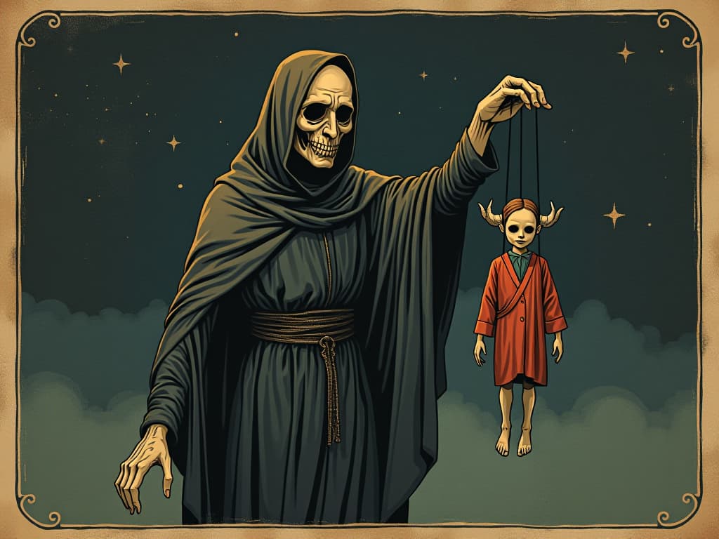  figure dressed in dark garbs holding a puppet with strings attached, background of a somber, starless night, mood of control and oppression. an illustration in the style of a worn, mystical old tarot trump card, mysterious and elements of surrealism. the colors are muted, somber and eerie, but with contrast bring out an occult and esoteric vibe.