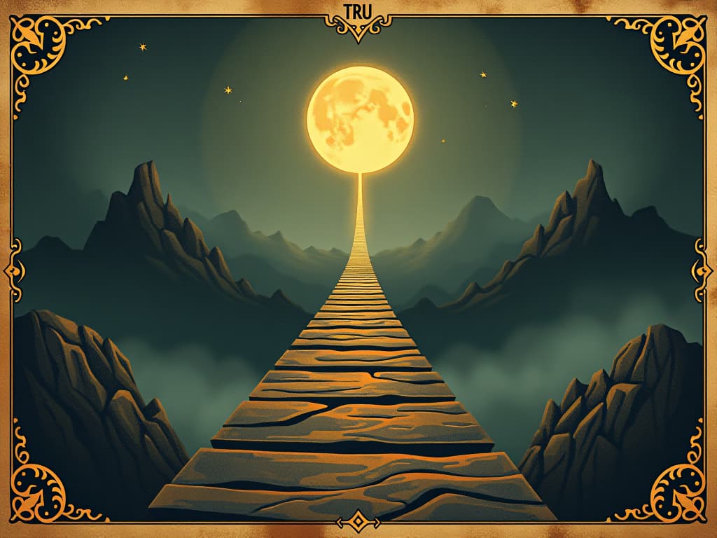  a luminous bridge between realms, glowing ladder connecting earth and sky, ethereal glow, surreal atmosphere. an illustration in the style of a worn, mystical old tarot trump card, mysterious and elements of surrealism. the colors are muted, somber and eerie, but with contrast bring out an occult and esoteric vibe.