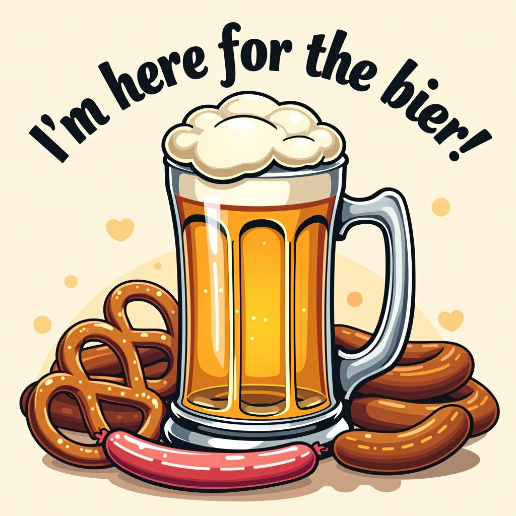  a playful beer stein at the center with 'i'm here for the bier!' arched above, surrounded by pretzels and sausages.