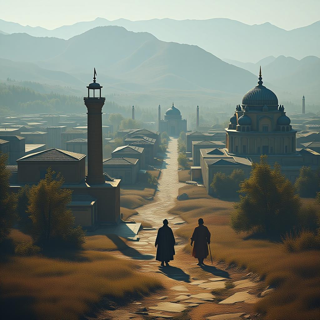  a visual of the ancient appearance of a place in the eastern region of kazakhstan. the visual should include plenty of historical and cultural elements. it should also be a city view. hyperrealistic, full body, detailed clothing, highly detailed, cinematic lighting, stunningly beautiful, intricate, sharp focus, f/1. 8, 85mm, (centered image composition), (professionally color graded), ((bright soft diffused light)), volumetric fog, trending on instagram, trending on tumblr, HDR 4K, 8K