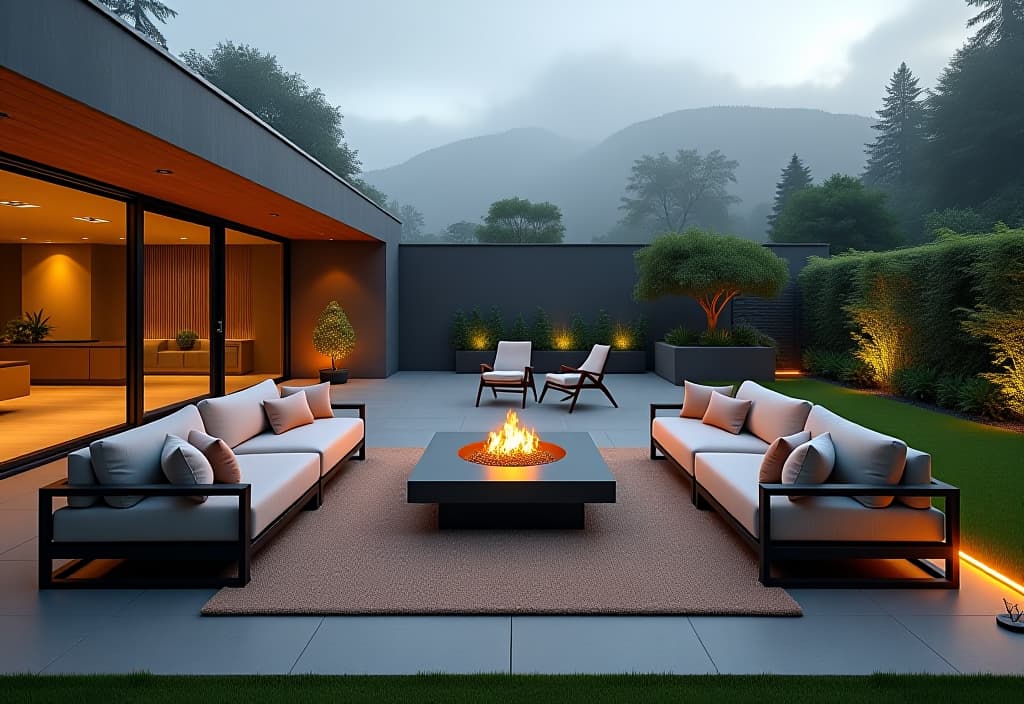  a landscape photo of a spacious patio with a large outdoor rug, modular seating arrangement, and a sleek fire table, accented by modern planters and minimalist landscaping hyperrealistic, full body, detailed clothing, highly detailed, cinematic lighting, stunningly beautiful, intricate, sharp focus, f/1. 8, 85mm, (centered image composition), (professionally color graded), ((bright soft diffused light)), volumetric fog, trending on instagram, trending on tumblr, HDR 4K, 8K