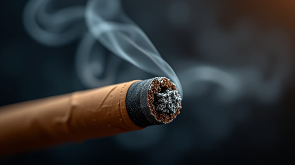  close up of a burning cigarette, with smoke and ash particles against a background, anti smoking initiatives, and public health promotions.