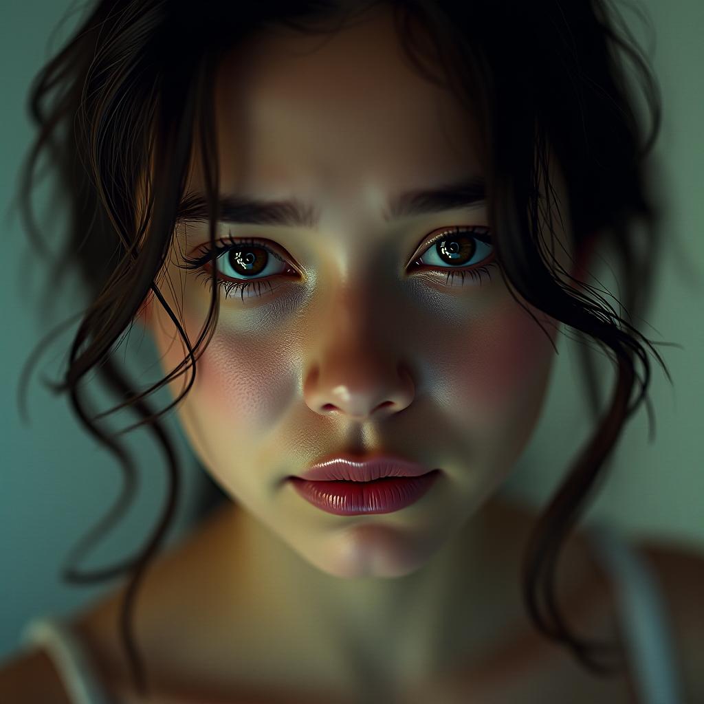  make it look like she is crying hyperrealistic, full body, detailed clothing, highly detailed, cinematic lighting, stunningly beautiful, intricate, sharp focus, f/1. 8, 85mm, (centered image composition), (professionally color graded), ((bright soft diffused light)), volumetric fog, trending on instagram, trending on tumblr, HDR 4K, 8K