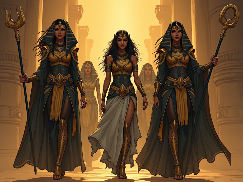  grand procession, large busted priestesses in elaborate form fitting attire, leading the way, transformative journey atmosphere. the style is digital art illustration / modern comic book / mysterious occult, symbolic, esoteric vibe,high detail on character design, incorporating ancient egyptian symbology and attire.