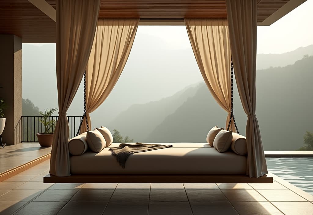  a landscape photo of a luxurious patio featuring a floating daybed suspended by sturdy chains, adorned with plush cushions and billowing curtains for privacy, overlooking a serene water feature hyperrealistic, full body, detailed clothing, highly detailed, cinematic lighting, stunningly beautiful, intricate, sharp focus, f/1. 8, 85mm, (centered image composition), (professionally color graded), ((bright soft diffused light)), volumetric fog, trending on instagram, trending on tumblr, HDR 4K, 8K