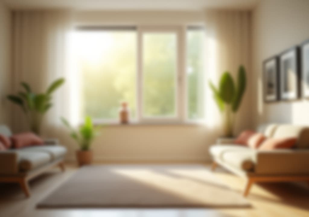  blur living room at home with morning sunlight at big window for background usage. blur interior background concept. white, britht tone