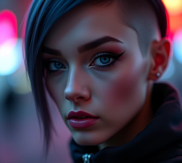  ultra realistic close up portrait ((beautiful pale cyberpunk female with heavy black eyeliner)), blue eyes, shaved side haircut, hyper detail, cinematic lighting, magic neon, dark red city, canon eos r3, nikon, f/1.4, iso 200, 1/160s, 8k, raw, unedited, symmetrical balance, in frame, 8k hyperrealistic, full body, detailed clothing, highly detailed, cinematic lighting, stunningly beautiful, intricate, sharp focus, f/1. 8, 85mm, (centered image composition), (professionally color graded), ((bright soft diffused light)), volumetric fog, trending on instagram, trending on tumblr, HDR 4K, 8K