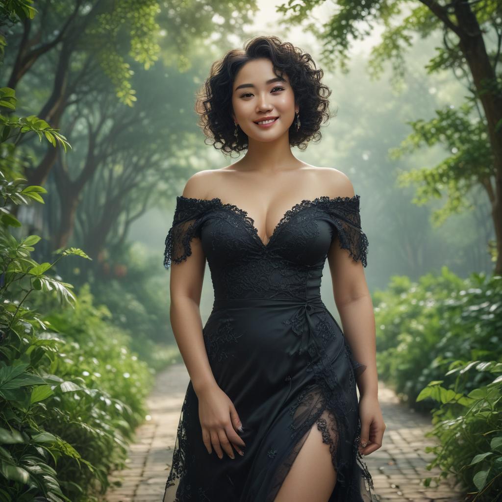 ((masterpiece)),(((best quality))), 8k, high detailed, ultra detailed, An extremely beautiful plus sized fit curvy Chinese woman, woman, ((curly black hair)), ((elegant dress)), smiling, (lush greenery in the background), (soft natural lighting) hyperrealistic, full body, detailed clothing, highly detailed, cinematic lighting, stunningly beautiful, intricate, sharp focus, f/1. 8, 85mm, (centered image composition), (professionally color graded), ((bright soft diffused light)), volumetric fog, trending on instagram, trending on tumblr, HDR 4K, 8K