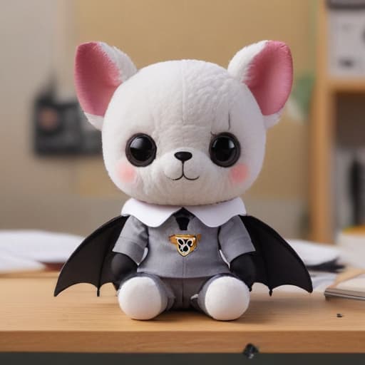 BT21 style stuffed animals, detailed, creative and original, realistic. A bat with uniform colors in school uniform and a small accessory that perfectly complements the character, realistic BT21 style."