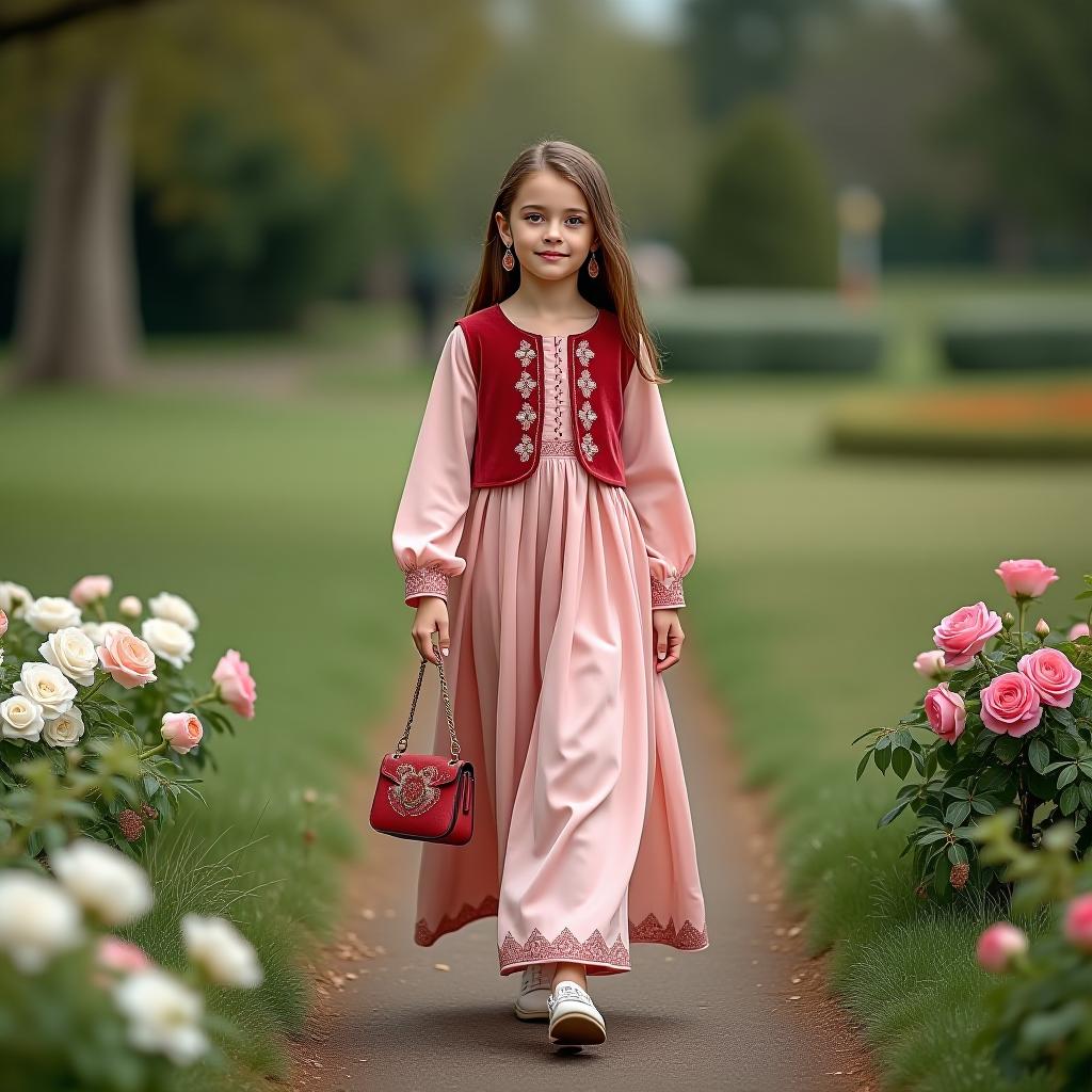  a girl in a delicate romantic dress with national tatar color. the girl is full length. the dress is a soft pink color, long to the floor, with long sleeves. a velvet vest is worn over the dress. she is walking in the park, holding a handbag with tatar embroidery that matches the color of the dress. she has large gold earrings in her ears. around her, white and pink flowers are blooming.