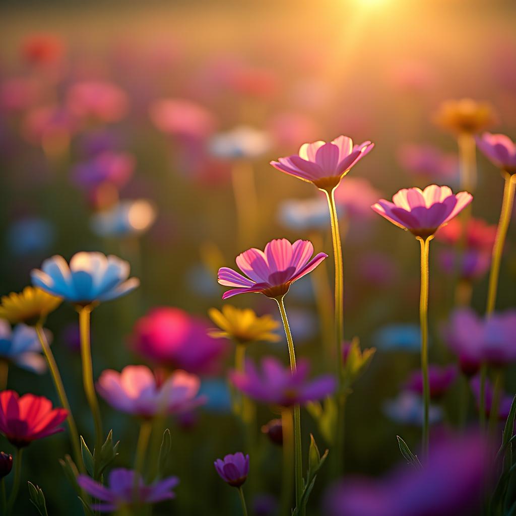  a detailed photo of a shimmering flower field comprised of multiple vibrant flowers. each flower within the field is glowing slightly and is a different color. some flowers are sapphire. some flowers are ruby. some flowers are emerald. the colours are bright and vivid. pollen is drifting away from the flowers in a soft pastel pink colour, leaving a trailing haze of pink in the atmosphere. it is the golden hour and it is the picturesque british countryside.