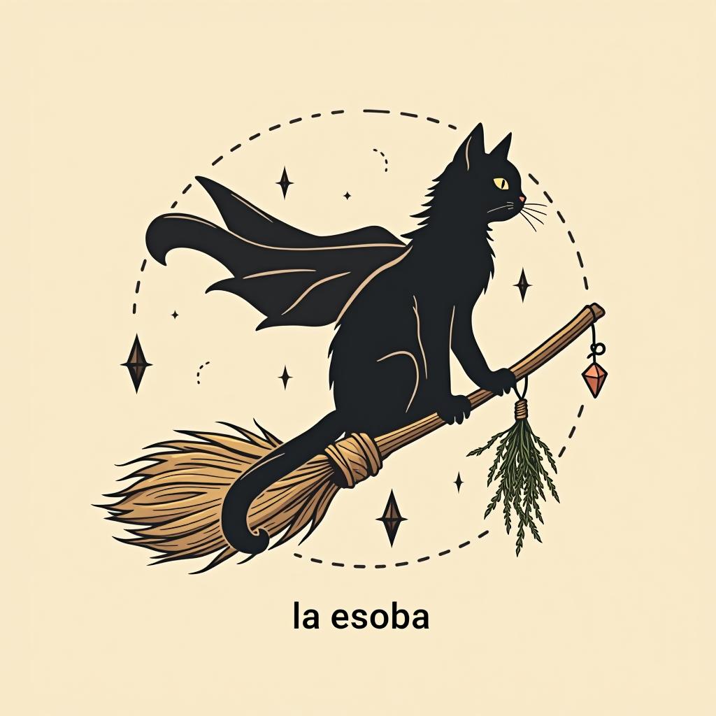  design a logo, in a minimalism style. witchy, black cat riding on a broom, dried herbs hanging off broom, cottage core aesthetic, crystals,spells, with the text 'la escoba'.