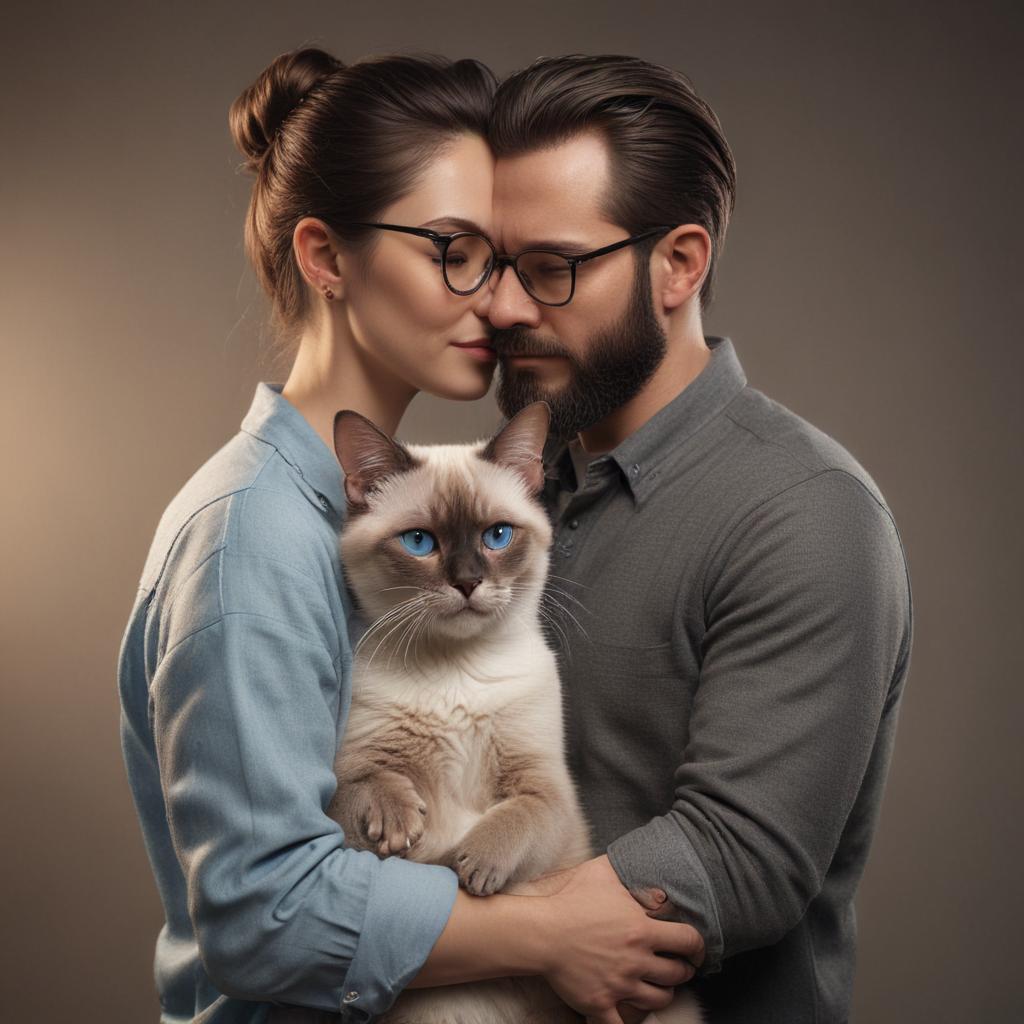 ((masterpiece)),(((best quality))), 8k, high detailed, ultra detailed, a man hugging a pregnant humanoid Siamese cat from behind, man with beard and glasses, hands on her belly, couple pose hyperrealistic, full body, detailed clothing, highly detailed, cinematic lighting, stunningly beautiful, intricate, sharp focus, f/1. 8, 85mm, (centered image composition), (professionally color graded), ((bright soft diffused light)), volumetric fog, trending on instagram, trending on tumblr, HDR 4K, 8K