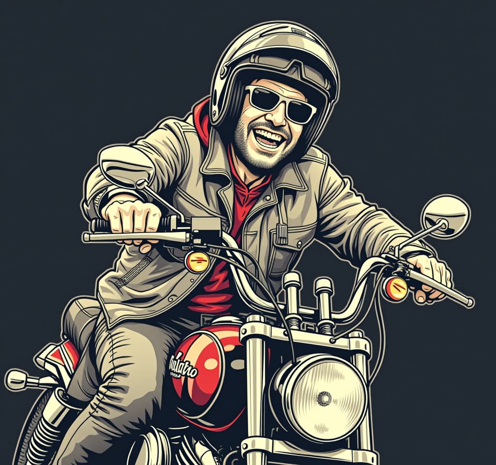  line art drawing an image of a joyful biker in the style of comics. tim schumate, grzegorz domaradzki, inspired by tattoos, cartoon realism, walt kelly ar 3:4 s 450 raw style, watercolor, trending on artstation, clear focus, studio photo, complex details, high detail, author greg rutkowski . professional, sleek, modern, minimalist, graphic, line art, vector graphics hyperrealistic, full body, detailed clothing, highly detailed, cinematic lighting, stunningly beautiful, intricate, sharp focus, f/1. 8, 85mm, (centered image composition), (professionally color graded), ((bright soft diffused light)), volumetric fog, trending on instagram, trending on tumblr, HDR 4K, 8K