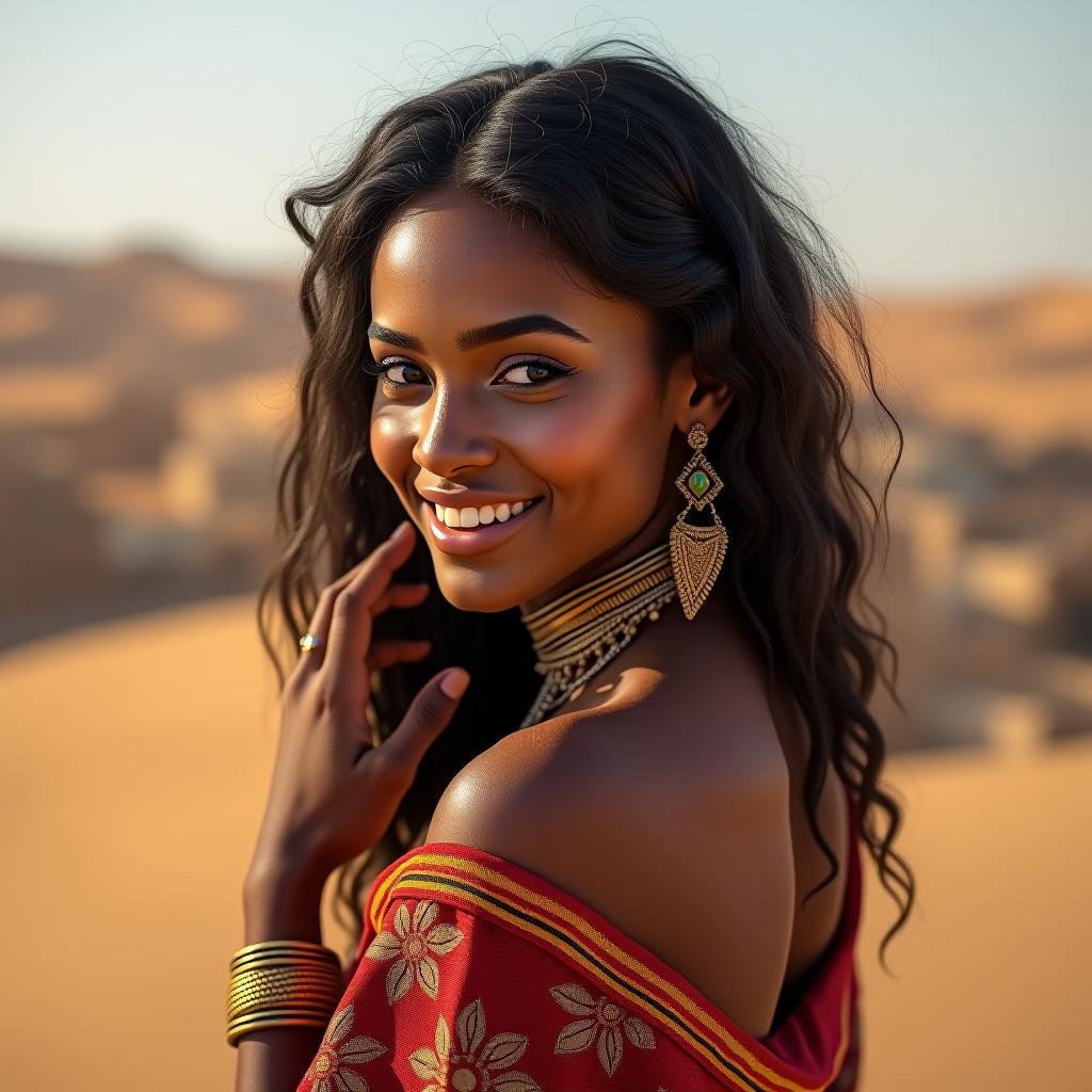  (masterpiece, best quality), beautiful face, detailed face, delicate makeup, (dark skinned female), sunshine smile, intricate, traditional clothes, desert, bracelet, town, hair ornament, jewelry, leaning back, looking at viewer, upper body, plateau, sandstorm