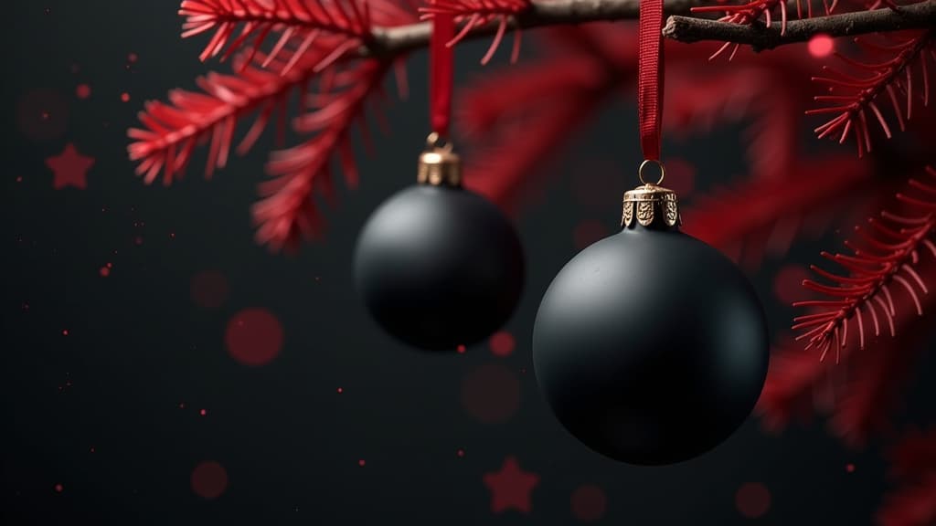  black christmas balls hanging on red ribbons on black background and gentle soft magical bokeh ar 16:9 {prompt}, maximum details