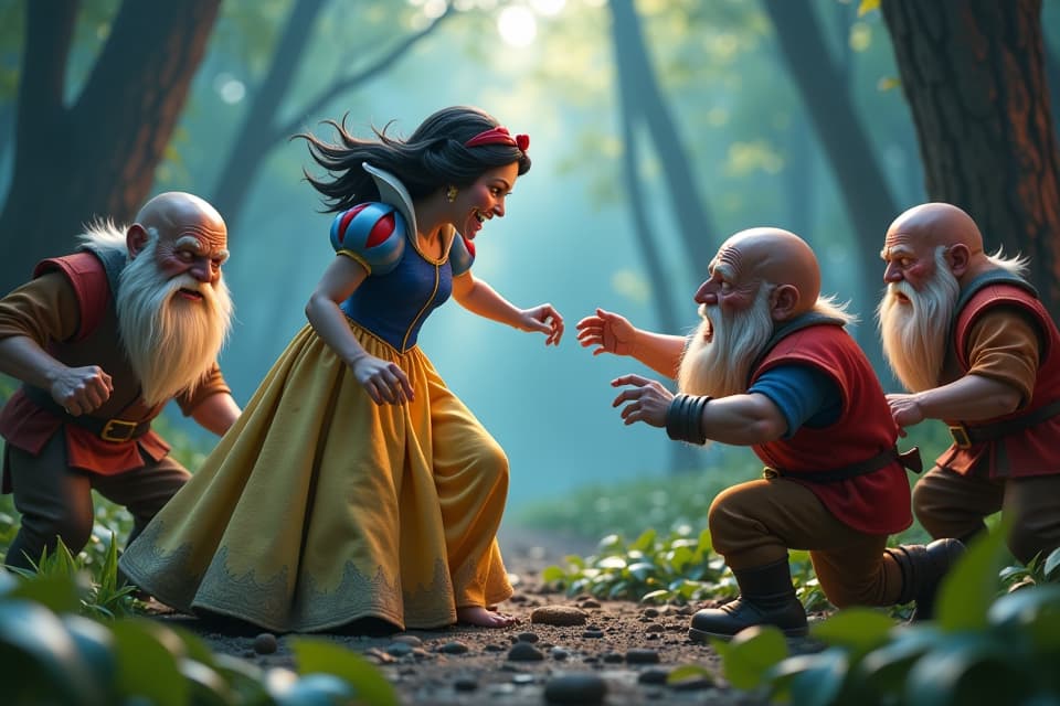  a highly detailed 3d pixar style scene depicting snow white as a zombie engaged in an epic battle with a group of dwarves. the setting features dramatic lighting to enhance the cinematic quality, showcasing intense facial expressions and dynamic poses. one dwarf is mid air, attempting to strike snow white, capturing the action packed essence reminiscent of an avengers movie. the atmosphere is filled with tension, showcasing vibrant colors and intricate character designs that highlight the clash between the undead snow white and the brave dwarves, all set in a fantastical, enchanted forest.