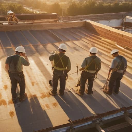 A photo of a group of roofing contractors inspecting a newly installed roof in a bustling construction site during late afternoon, under a warm golden hour lighting.