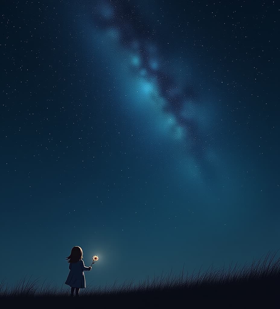  a dark sky with millions of star. a little girl holding a flower.