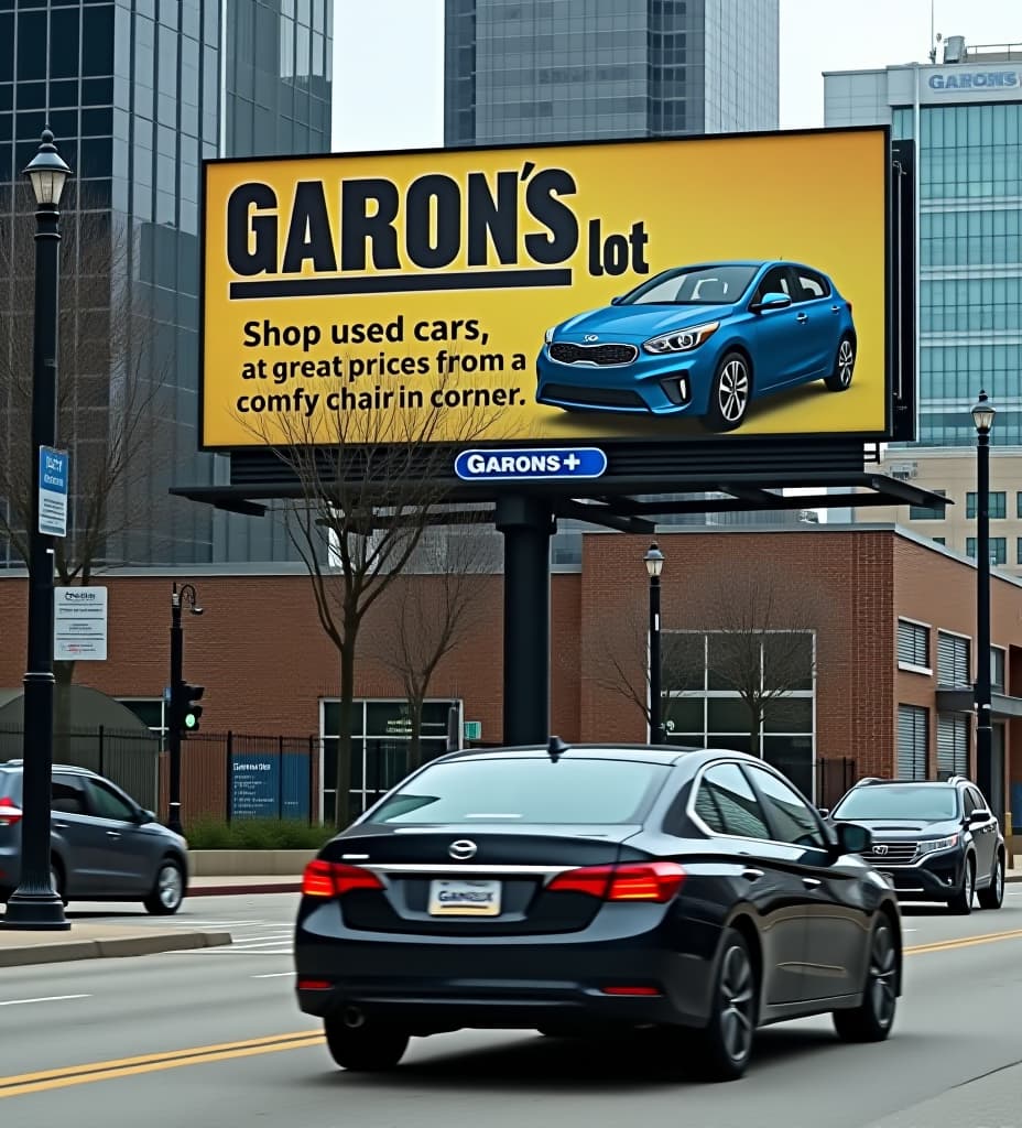  photo of a billboard in chicago, for a car dealer that says "garon's lot" in big letters, and "shop used cars, at great prices from a comfy chair in the corner" a car driving by in the foreground with the license plate "grnsux"