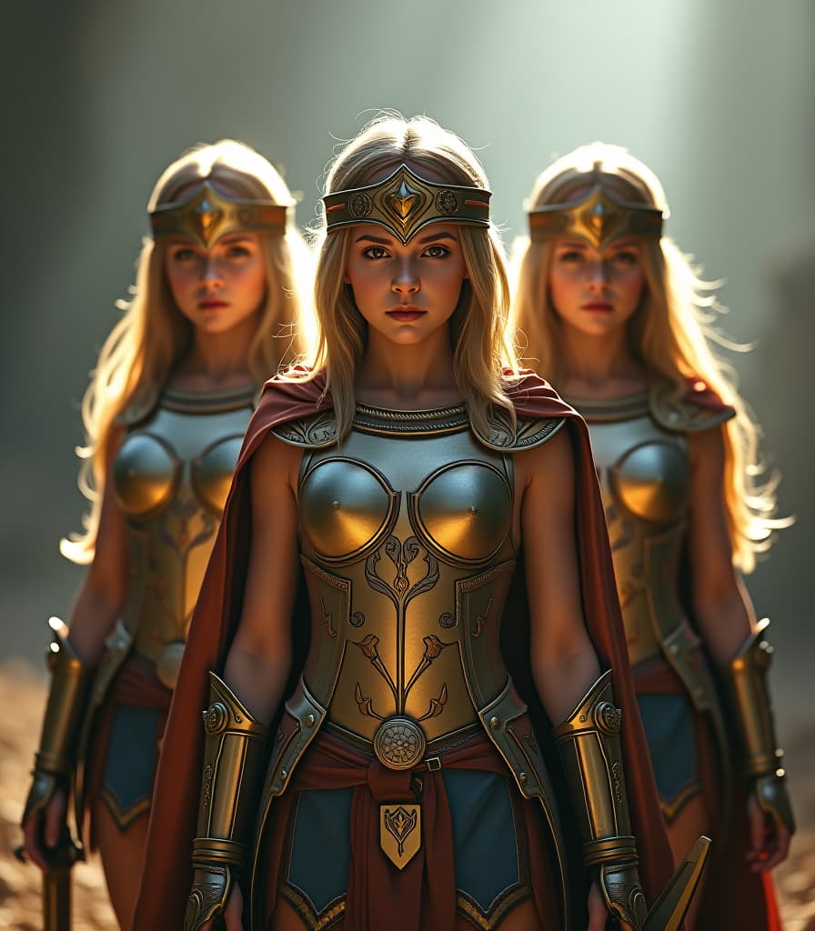  legend of zelda style three girls in ancient greek's armor and ammunition. . vibrant, fantasy, detailed, epic, heroic, reminiscent of the legend of zelda series hyperrealistic, full body, detailed clothing, highly detailed, cinematic lighting, stunningly beautiful, intricate, sharp focus, f/1. 8, 85mm, (centered image composition), (professionally color graded), ((bright soft diffused light)), volumetric fog, trending on instagram, trending on tumblr, HDR 4K, 8K