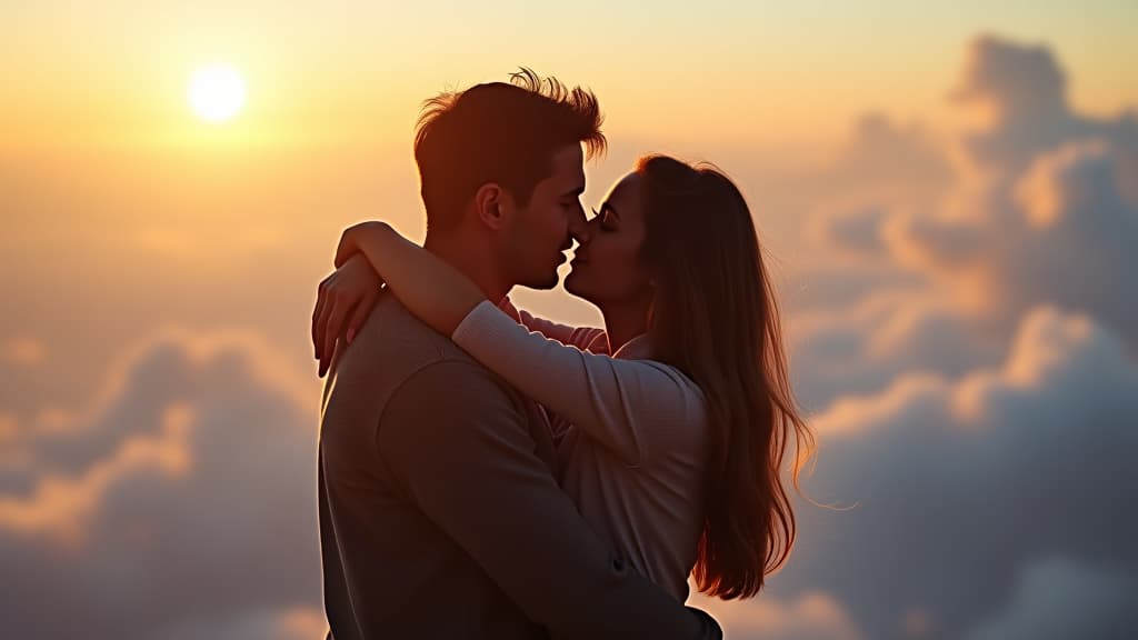  beautiful young couple in love kissing and hugging on a background of clouds