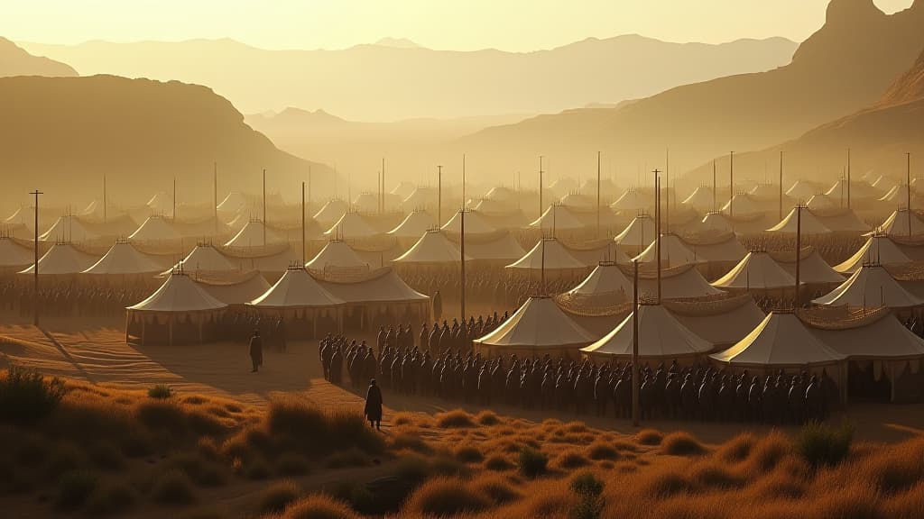  history of biblical times, a vast midianite army camped in the valley, showing the overwhelming odds faced by gideon and the israelites, with troops and tents stretching across the landscape. hyperrealistic, full body, detailed clothing, highly detailed, cinematic lighting, stunningly beautiful, intricate, sharp focus, f/1. 8, 85mm, (centered image composition), (professionally color graded), ((bright soft diffused light)), volumetric fog, trending on instagram, trending on tumblr, HDR 4K, 8K