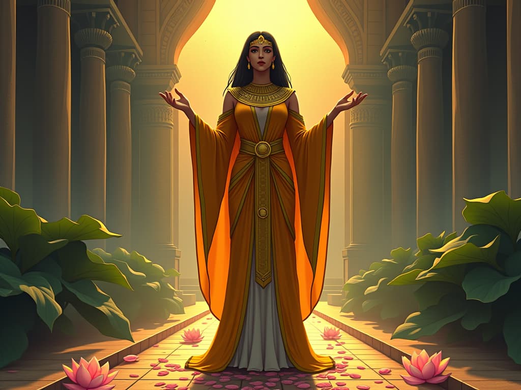  goddess in a golden garment, standing on a path strewn with lotus petals, hands in a guiding gesture, path of transformation atmosphere. the style is digital art illustration / modern comic book / mysterious occult, symbolic, esoteric vibe,high detail on character design, incorporating ancient egyptian symbology and attire.