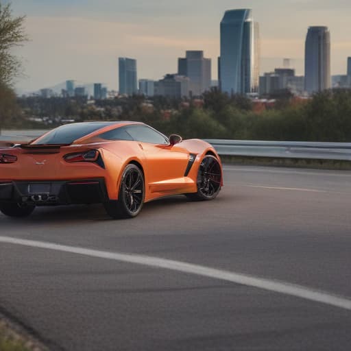 Chevrolet corvette On winding road with a Chevrolet dealership with Addison Chevrolet in the background in Cinematic style with City background