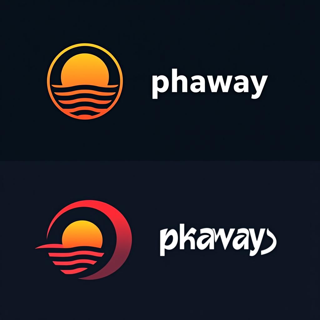  design a logo, un círculo y dentro del mismo un sol y que diga phaway me armas estos dos logos con inteligencia artificial. del primero que se llama phaway el sol amarillo y el círculo de adentro celeste y letras blancas. y el segundo gorro rojo con fondo amarillo, moño azul, argfast en negro y el mate marrón, with the text 'phaway'.