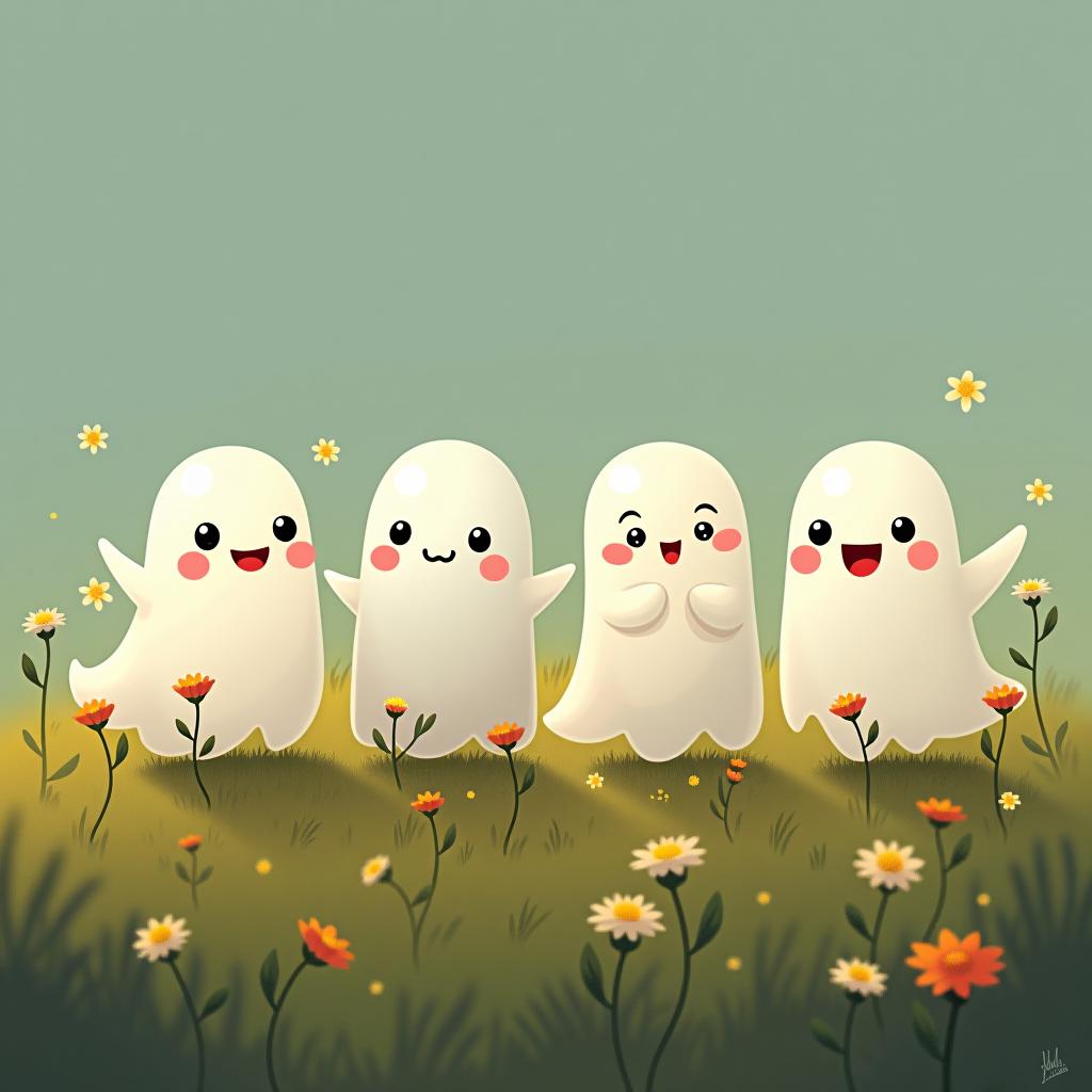  create a digital illustration featuring a row of four or five cute, cartoonish ghost characters, each with a different appearance, standing in different positions within sparse, life like wildflowers.