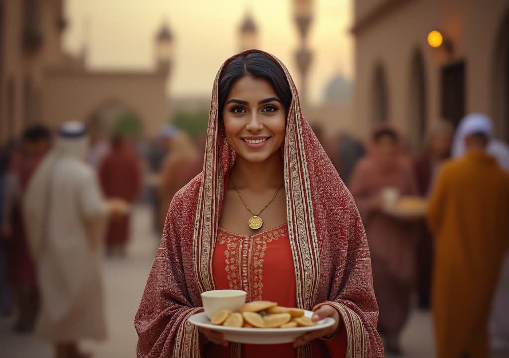  a portrait of a female arab singer wearing a traditional morrocan cloth, in a family gathering in an outdoor setting, family setting up tables, carrying plates with joy, for iftar of ramadan in an enchanting family joyful atmosphere with morroco landmark in the background, high quality, high details, hd, perfect composition, 4k epic detailed, highly detailed, sharp focus, high resolution