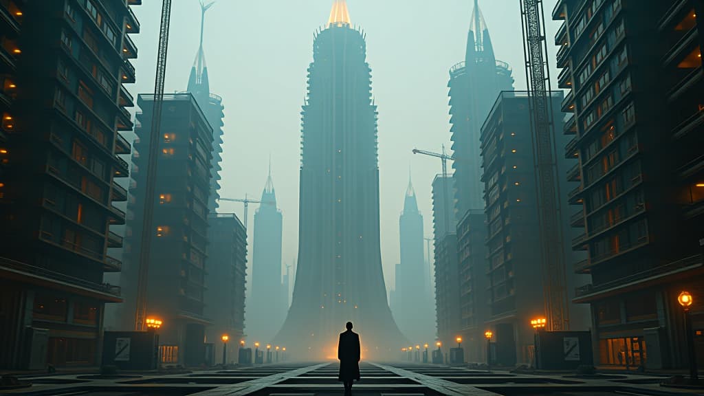  a futuristic representation of human ambition, tying the story of babel to modern high tech skyscrapers under construction. hyperrealistic, full body, detailed clothing, highly detailed, cinematic lighting, stunningly beautiful, intricate, sharp focus, f/1. 8, 85mm, (centered image composition), (professionally color graded), ((bright soft diffused light)), volumetric fog, trending on instagram, trending on tumblr, HDR 4K, 8K