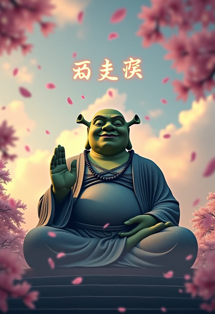  prompt: "a serene and magical scene featuring a gigantic stone statue of buddha, but with shrek's face. the statue is in a meditative pose with one hand raised and buddhist mala beads around its neck. the statue should resemble the kamakura buddha, smiling peacefully. surrounding the statue are glowing kanji characters, adding a mystical touch. cherry blossom petals are blowing in the wind, filling the air. at the top of the image, the text 'shrek is love, shrek is life' is clearly written in clouds. the skyline is beautiful, with high detail and an overall serene, masterpiece quality." hyperrealistic, full body, detailed clothing, highly detailed, cinematic lighting, stunningly beautiful, intricate, sharp focus, f/1. 8, 85mm, (centered image composition), (professionally color graded), ((bright soft diffused light)), volumetric fog, trending on instagram, trending on tumblr, HDR 4K, 8K