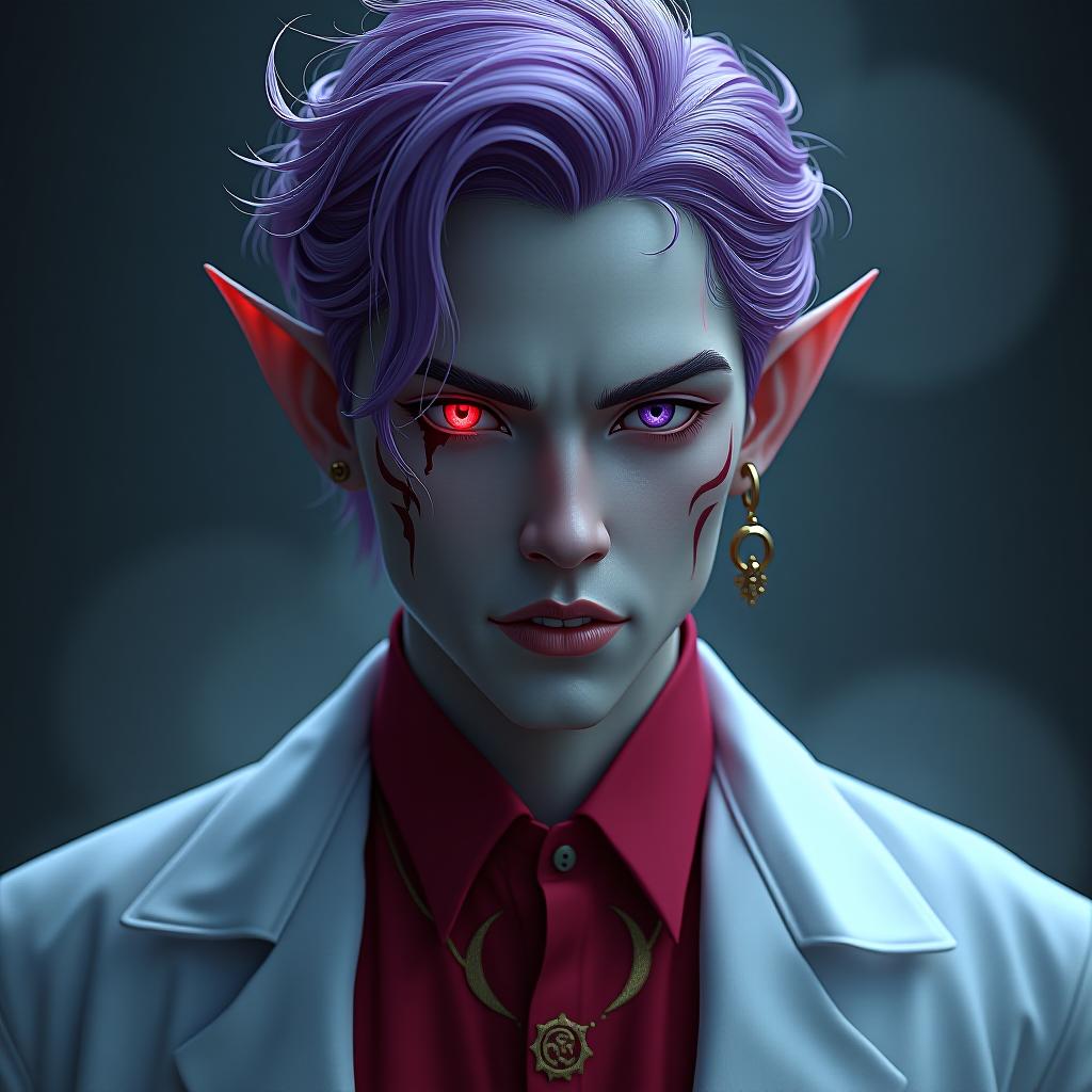  breathtaking the doctor of the dark elves is a man with marble white skin, purple hair with a scarlet tint, lavender eyes with a red glow, dressed in a red purple shirt embroidered with red gold, a tight fitting white doctor's coat is worn over the shirt. hairstyle in the style of disheveled hair. in the right ear there is an earring in the shape of a crescent with teeth inside. a tattoo in the form of a crescent with a jagged inner side is applied from the left temple to the left cheekbone, skirting the left eye socket, the crescent moon faces the eye with a jagged inner side usingthe doctor of the dark elves is a young man with marble white skin, purple hair with a scarlet tint, lavender eyes with a red glow, dressed in a red purple sh hyperrealistic, full body, detailed clothing, highly detailed, cinematic lighting, stunningly beautiful, intricate, sharp focus, f/1. 8, 85mm, (centered image composition), (professionally color graded), ((bright soft diffused light)), volumetric fog, trending on instagram, trending on tumblr, HDR 4K, 8K