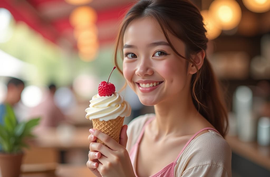  smilling holding a ice cream, blur background ar 3:2 {prompt}, maximum details