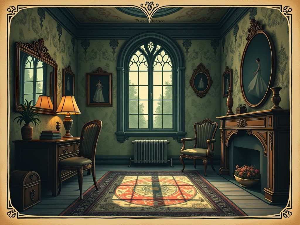  well organized room, natural light streaming in, reflections cast by mirrors are clear and harmonious, sense of purity and calm, clutter free. an illustration in the style of a worn, mystical old tarot trump card, mysterious and elements of surrealism. the colors are muted, somber and eerie, but with contrast bring out an occult and esoteric vibe.